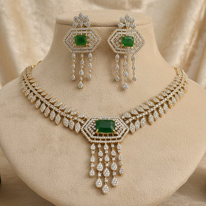 Emerald Green & Diamond Hexagon Necklace Earring Set | Bridal & Party Wear Jewelry