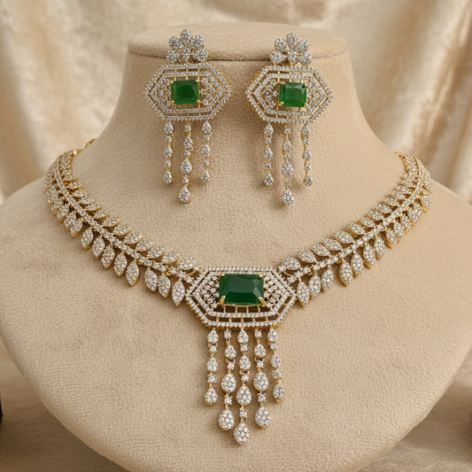 Emerald Green & Diamond Hexagon Necklace Earring Set | Bridal & Party Wear Jewelry