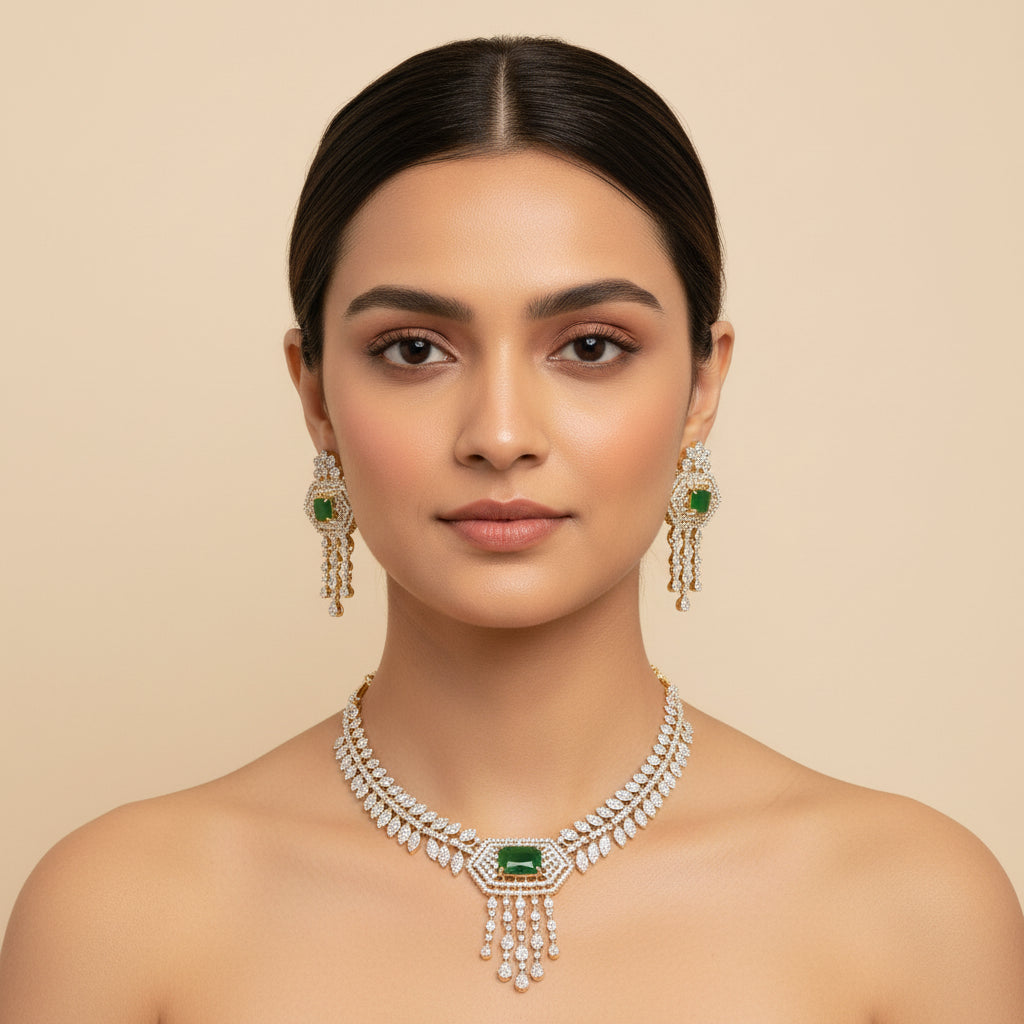 Emerald Green & Diamond Hexagon Necklace Earring Set | Bridal & Party Wear Jewelry