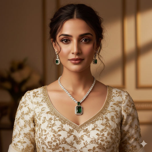 Emerald & Diamond American AD Necklace Set - Zirconia Bridal Jewelry