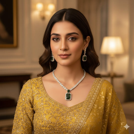 Emerald & Diamond American AD Necklace Set - Zirconia Bridal Jewelry