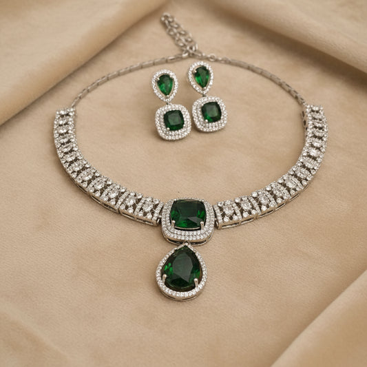 Emerald Green & White Zircon Adorned Silver-Toned Necklace Set | Festive & Bridal Jewelry