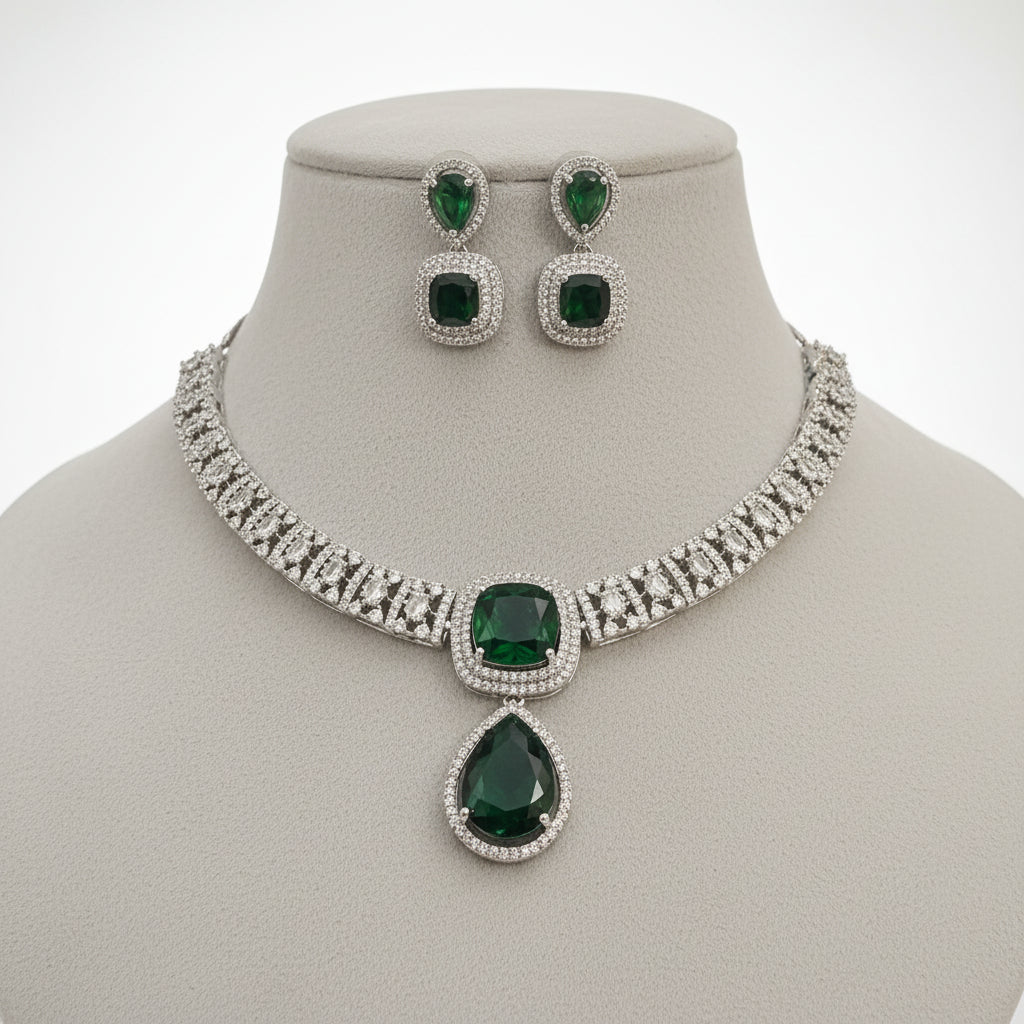 Emerald Green & White Zircon Adorned Silver-Toned Necklace Set | Festive & Bridal Jewelry