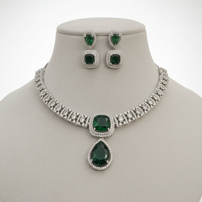Emerald Green & White Zircon Adorned Silver-Toned Necklace Set | Festive & Bridal Jewelry