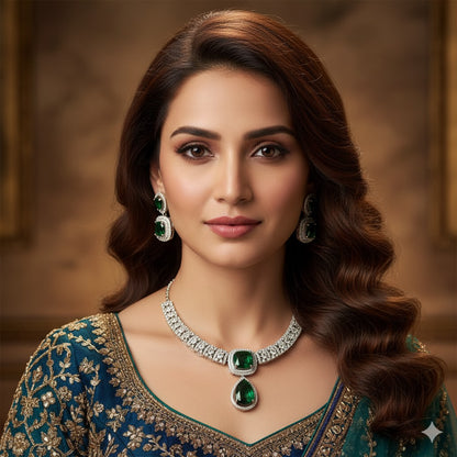 Emerald Green & White Zircon Adorned Silver-Toned Necklace Set | Festive & Bridal Jewelry