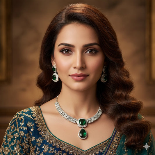 Emerald Green & White Zircon Adorned Silver-Toned Necklace Set | Festive & Bridal Jewelry
