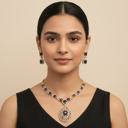 Elegant Sapphire & Zircon Gold-Plated Necklace Set | Bridal & Party Wear