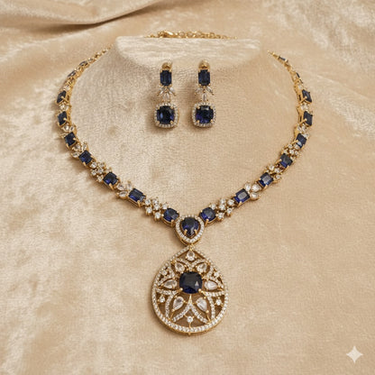 Elegant Sapphire & Zircon Gold-Plated Necklace Set | Bridal & Party Wear