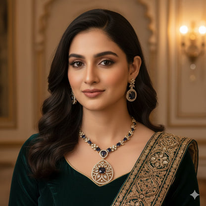 Elegant Sapphire & Zircon Gold-Plated Necklace Set | Bridal & Party Wear