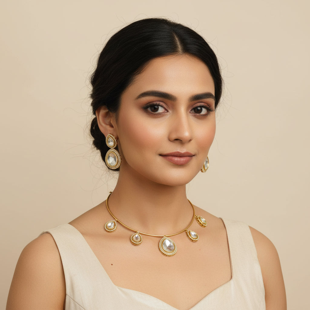Elegant Gold Plated Kundan Choker Necklace Set with Dangler Earrings