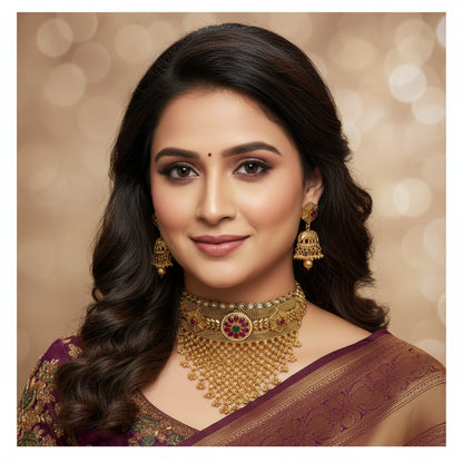 Ethnic Gold Plated Choker Necklace Set with Ruby & Emerald Stones - Indian Bridal Jewelry