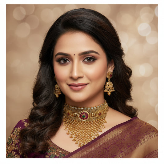 Ethnic Gold Plated Choker Necklace Set with Ruby & Emerald Stones - Indian Bridal Jewelry