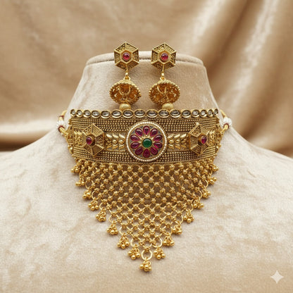 Ethnic Gold Plated Choker Necklace Set with Ruby & Emerald Stones - Indian Bridal Jewelry