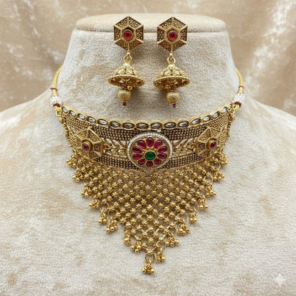 Ethnic Gold Plated Choker Necklace Set with Ruby & Emerald Stones - Indian Bridal Jewelry