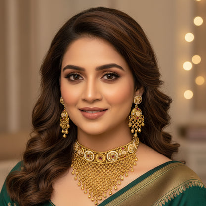 Royal Gold Plated Choker Necklace & Earring Set - Kundan & Meenakari Traditional Jewelry