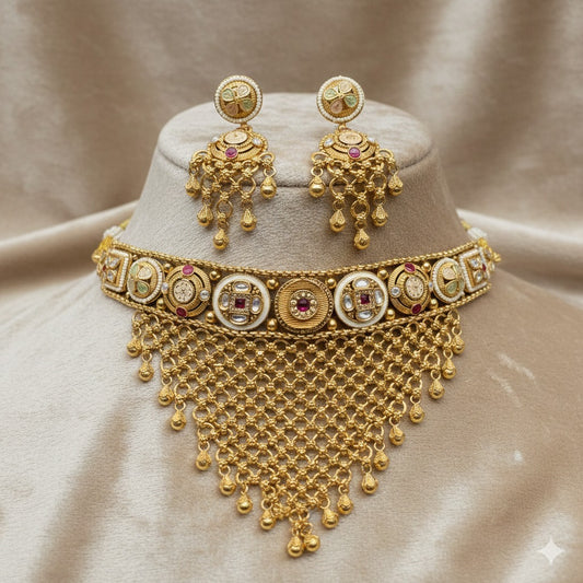 Royal Gold Plated Choker Necklace & Earring Set - Kundan & Meenakari Traditional Jewelry