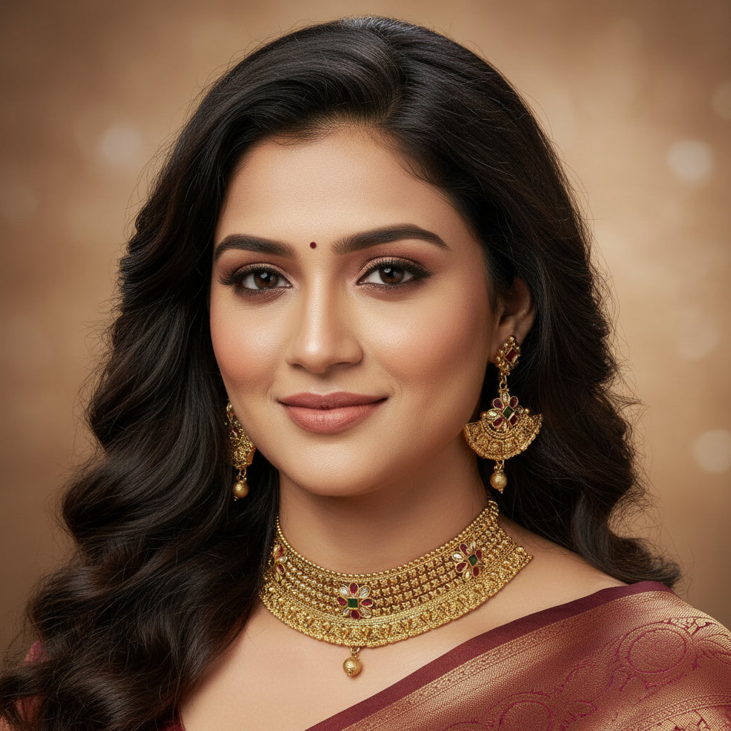 Traditional Gold Plated Choker Necklace & Earrings Set with Kundan & Ruby Emerald Stones