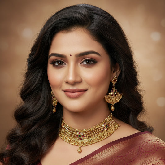 Traditional Gold Plated Choker Necklace & Earrings Set with Kundan & Ruby Emerald Stones