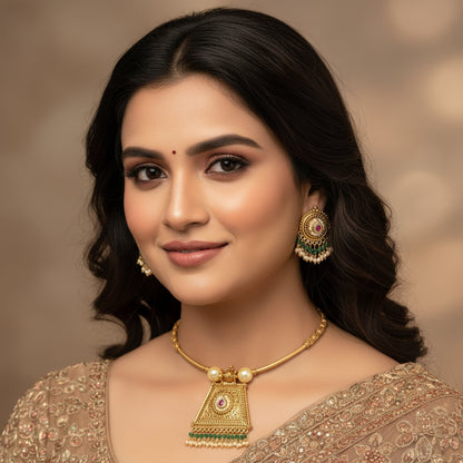 Ruby Emerald Pearl Gold Plated Traditional Indian Necklace Earring Set