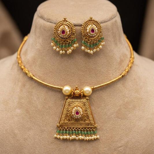 Ruby Emerald Pearl Gold Plated Traditional Indian Necklace Earring Set