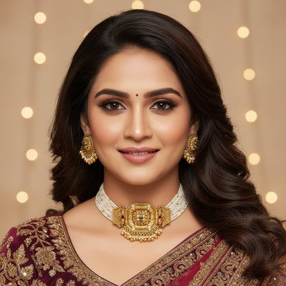 Traditional Gold Plated Choker Necklace & Earring Set with Pearl Detailing
