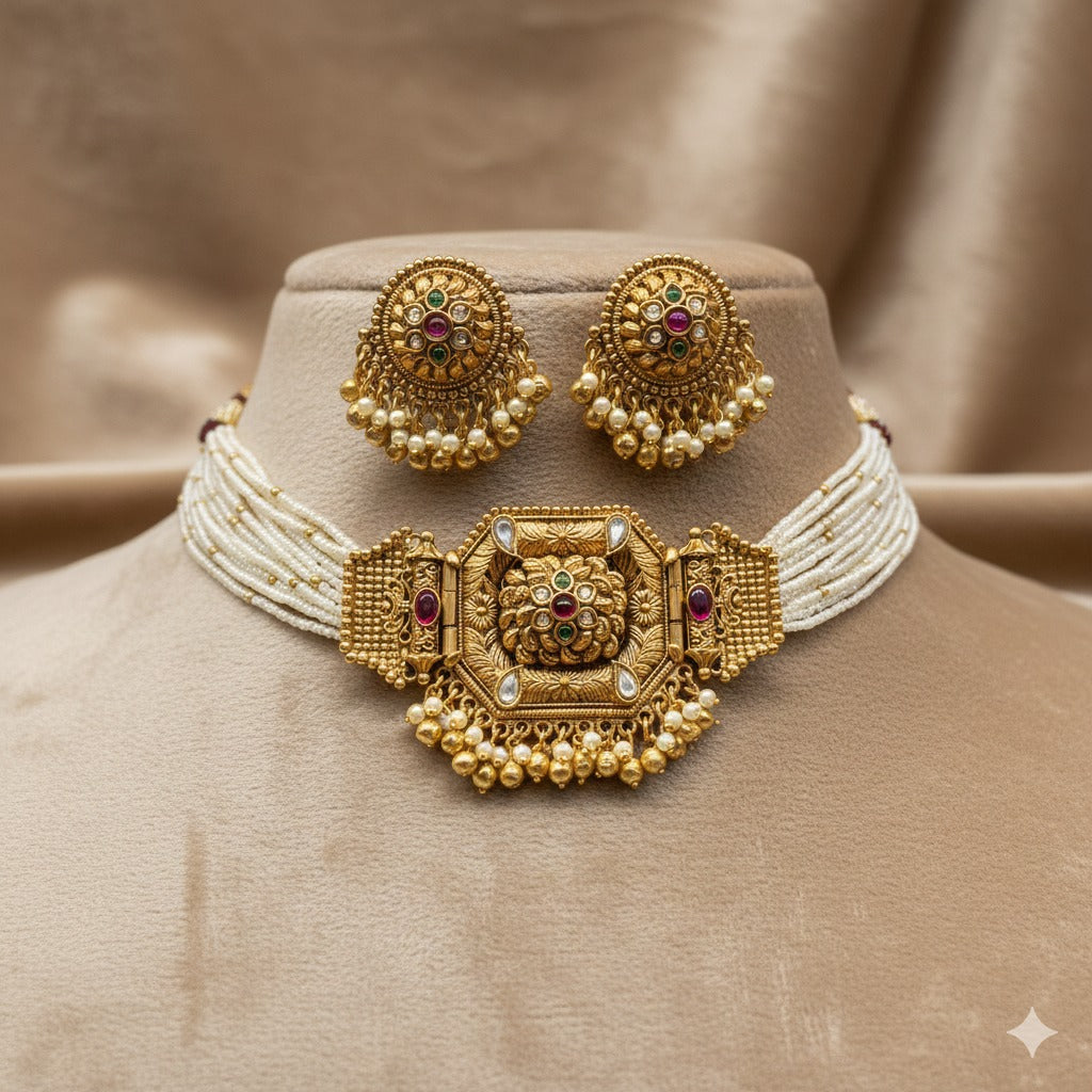 Traditional Gold Plated Choker Necklace & Earring Set with Pearl Detailing