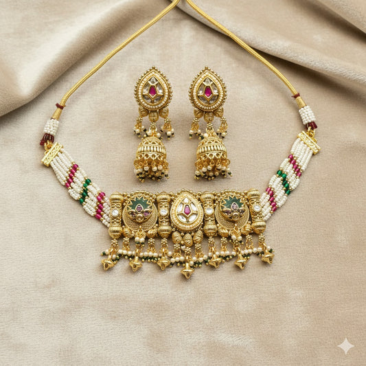 Indian Jadau Kundan Pearl Choker Necklace & Earring Set - Gold Plated Traditional Jewelry