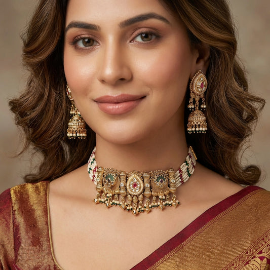 Indian Jadau Kundan Pearl Choker Necklace & Earring Set - Gold Plated Traditional Jewelry