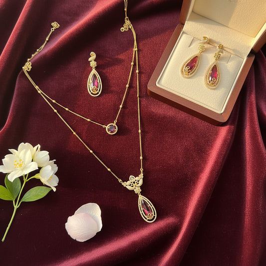 Gold Plated Ruby Teardrop Necklace & Earring Set - Elegant Jewelry Gift