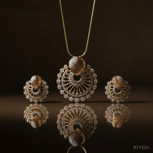 KIVOA Two-Tone Gold Sunburst Diamond CZ Pendant Necklace & Earring Set