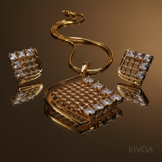 Gold Plated Geometric Square CZ Necklace & Earrings Set - Luxury Diamond Simulant Jewelry