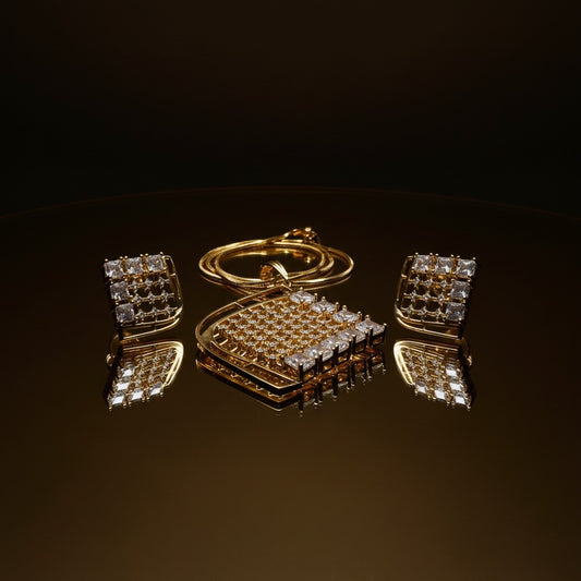 Gold Plated Geometric Square CZ Necklace & Earrings Set - Luxury Diamond Simulant Jewelry