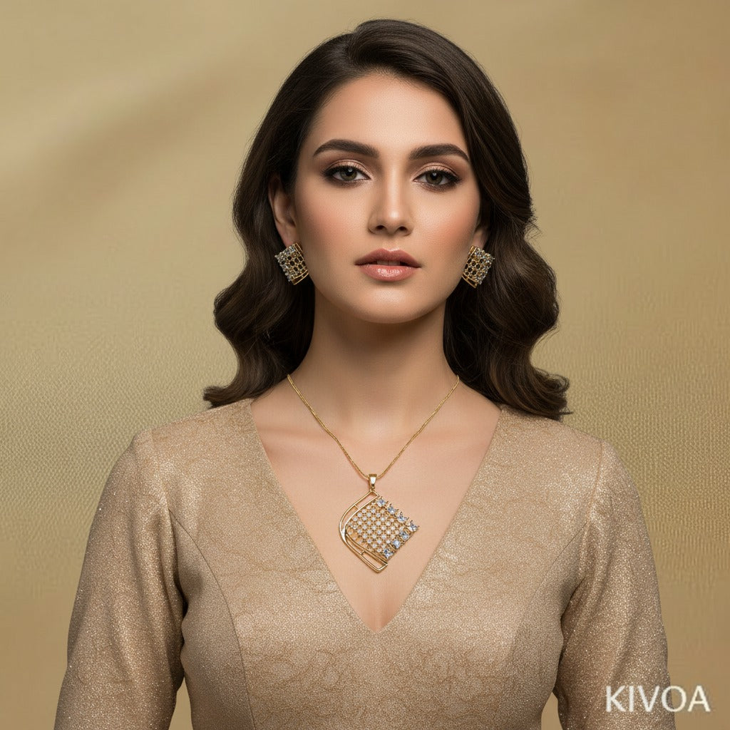 Gold Plated Geometric Square CZ Necklace & Earrings Set - Luxury Diamond Simulant Jewelry