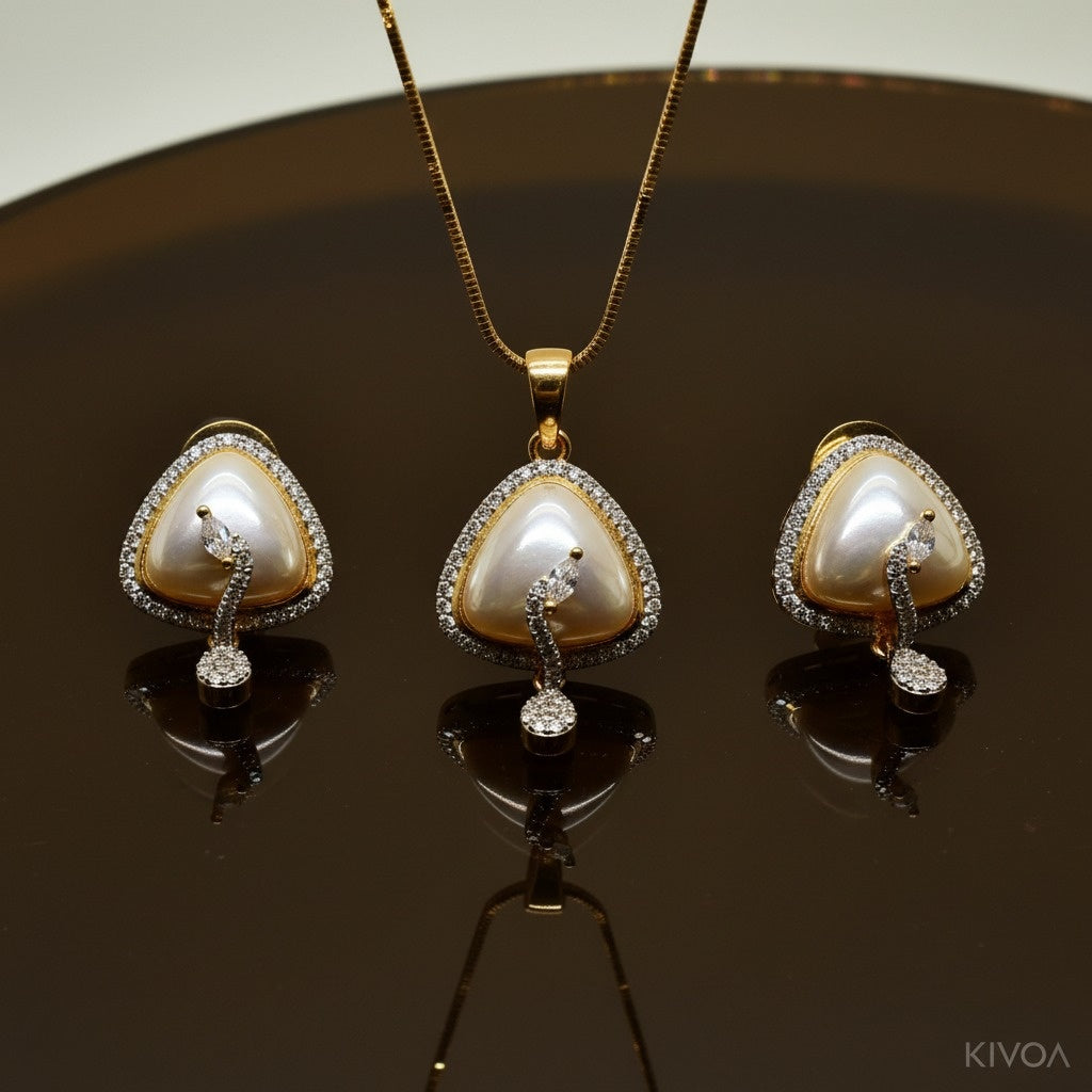 Luxurious Gold Triangle Pearl & CZ Diamond Halo Jewelry Set (Necklace & Earrings)