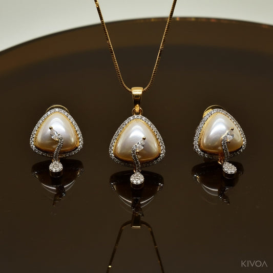 Luxurious Gold Triangle Pearl & CZ Diamond Halo Jewelry Set (Necklace & Earrings)