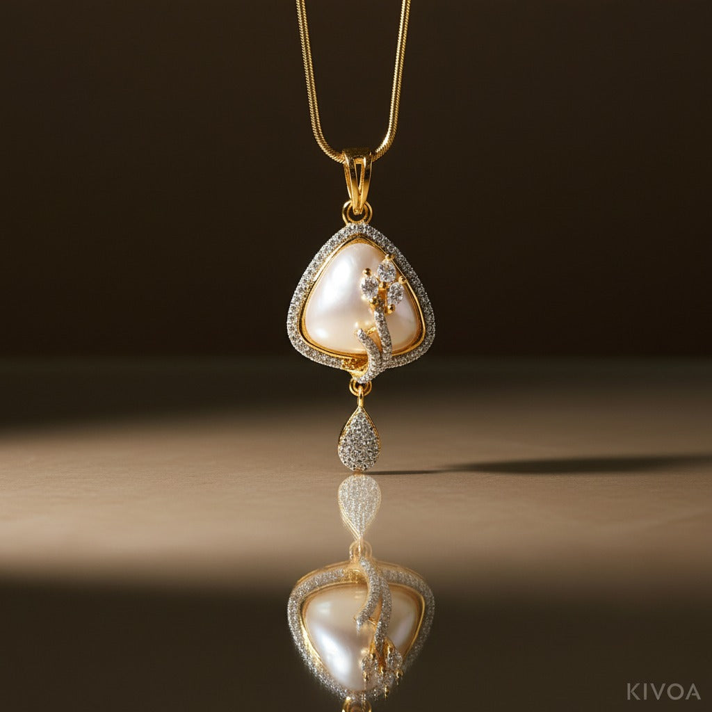 Luxurious Gold Triangle Pearl & CZ Diamond Halo Jewelry Set (Necklace & Earrings)