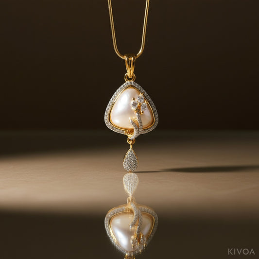 Luxurious Gold Triangle Pearl & CZ Diamond Halo Jewelry Set (Necklace & Earrings)