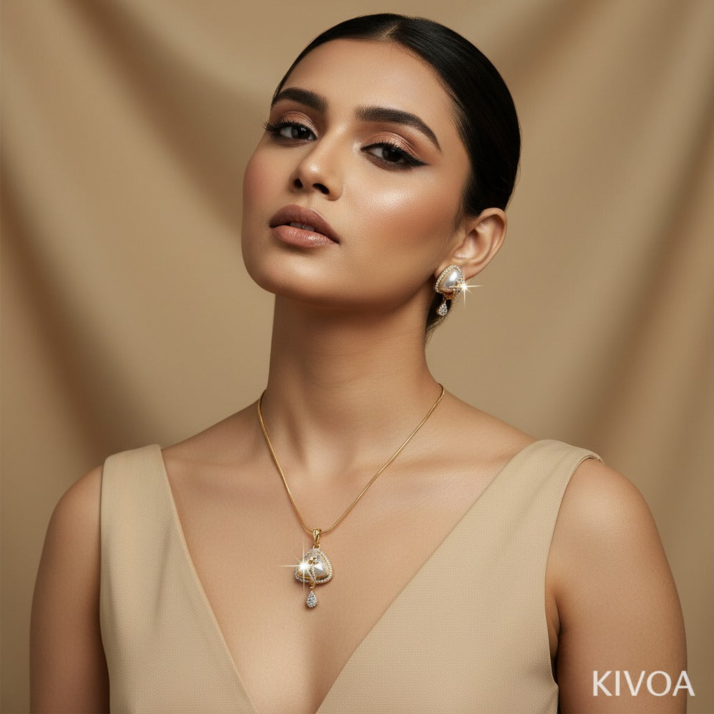 Luxurious Gold Triangle Pearl & CZ Diamond Halo Jewelry Set (Necklace & Earrings)