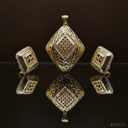 Luxurious Yellow Gold Geometric Pendant & Earring Set with Sparkling Stones