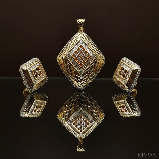 Luxurious Yellow Gold Geometric Pendant & Earring Set with Sparkling Stones