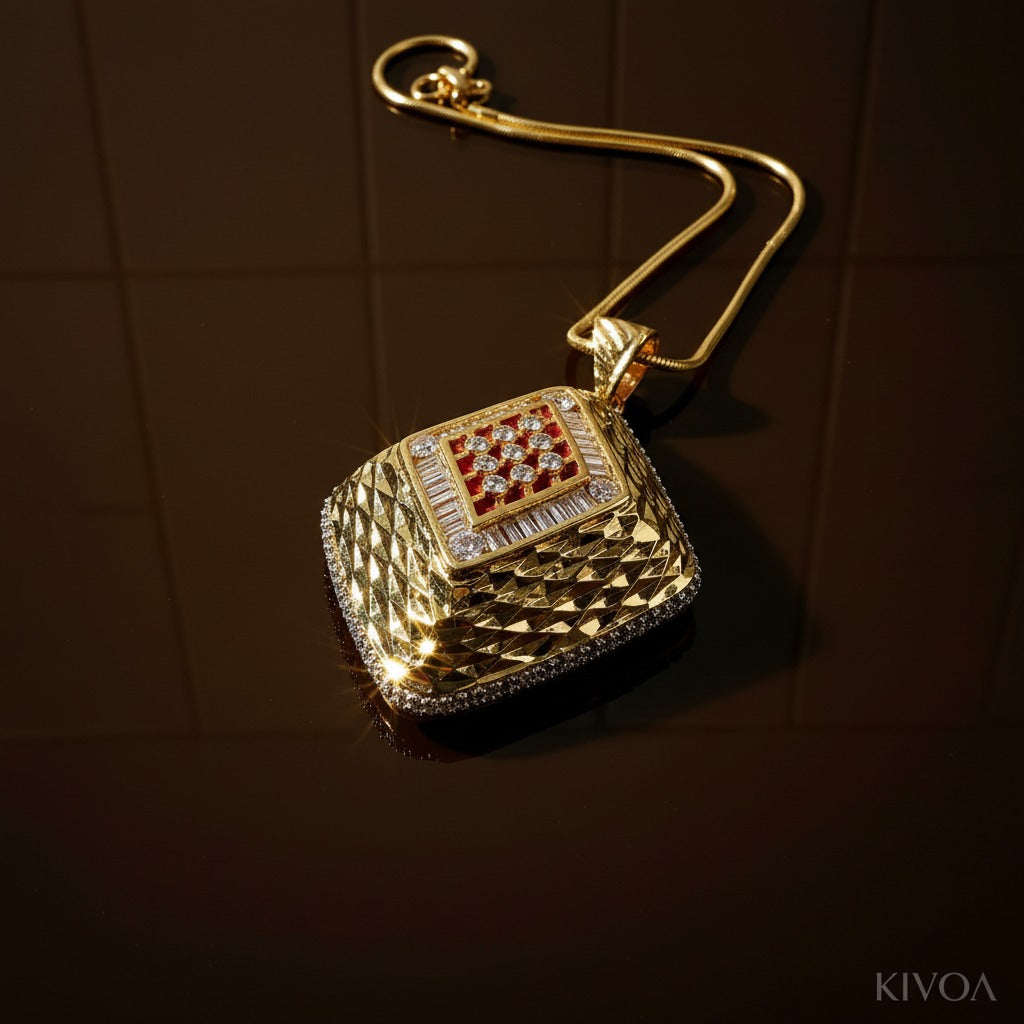 Luxurious Yellow Gold Geometric Pendant & Earring Set with Sparkling Stones