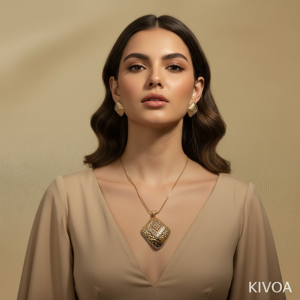 Luxurious Yellow Gold Geometric Pendant & Earring Set with Sparkling Stones