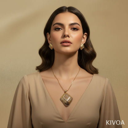 Luxurious Yellow Gold Geometric Pendant & Earring Set with Sparkling Stones