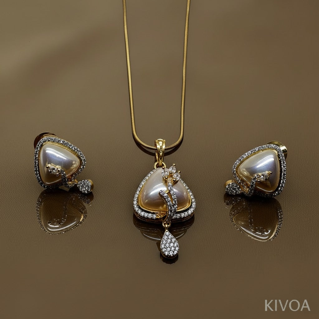 Elegant Gold-Tone Triangle Pearl & CZ Leaf Motif Jewelry Set (Necklace & Earrings)