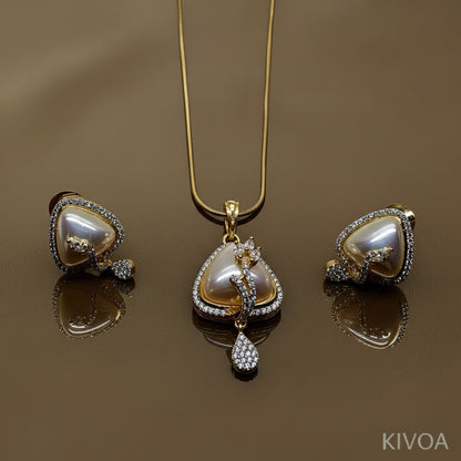 Elegant Gold-Tone Triangle Pearl & CZ Leaf Motif Jewelry Set (Necklace & Earrings)