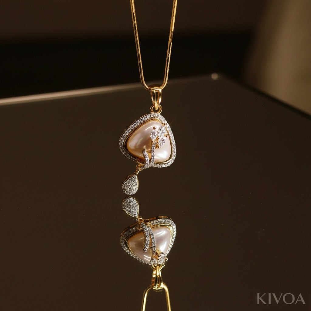 Elegant Gold-Tone Triangle Pearl & CZ Leaf Motif Jewelry Set (Necklace & Earrings)