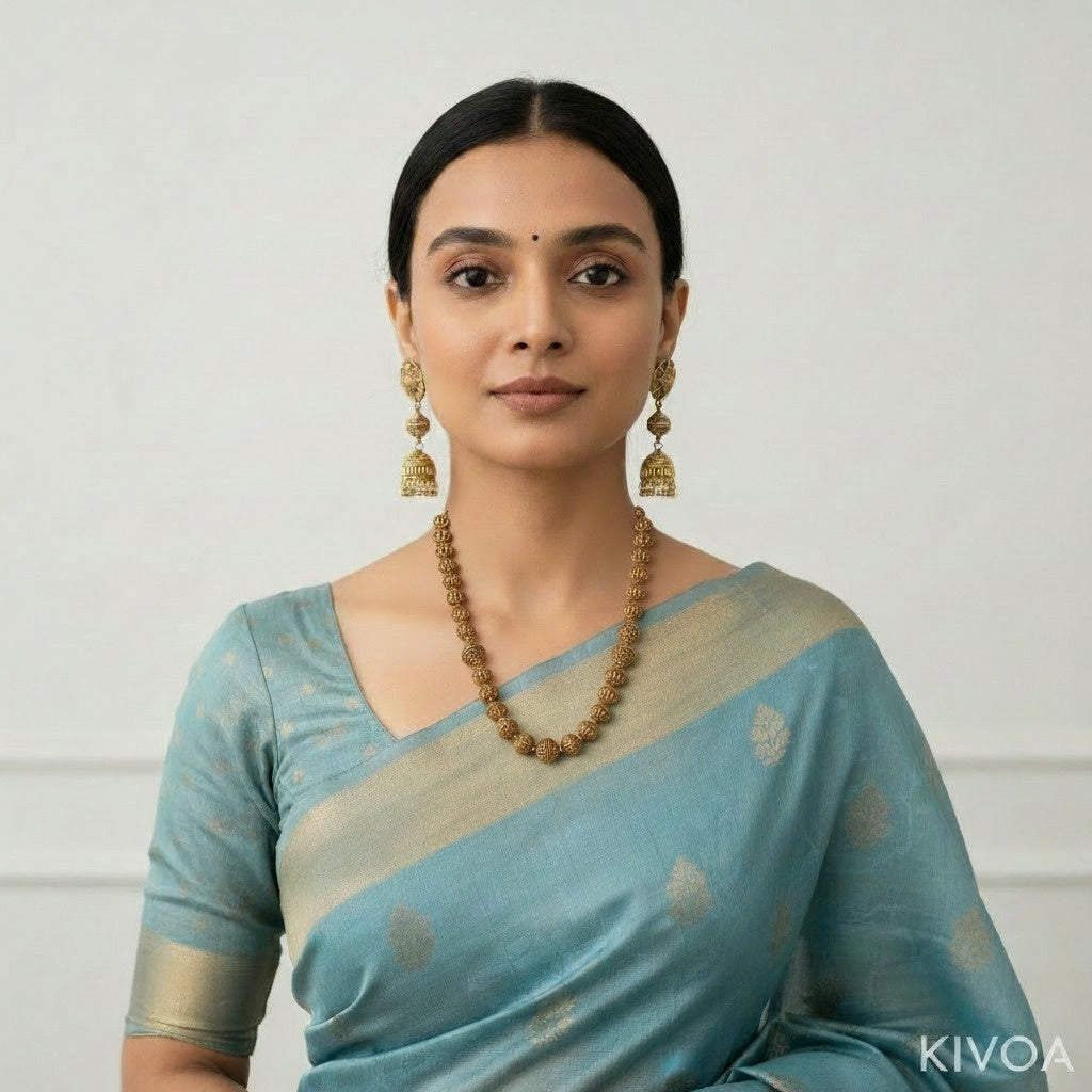 Antique Gold Textured Bead Mala Necklace - Traditional Elegance