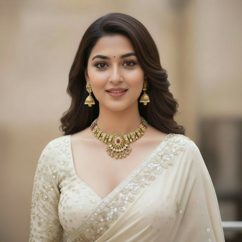 Antique Gold Temple Choker Necklace with Ruby Emerald & Pearl Accents