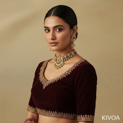 Antique Gold Temple Choker Necklace with Ruby Emerald & Pearl Accents