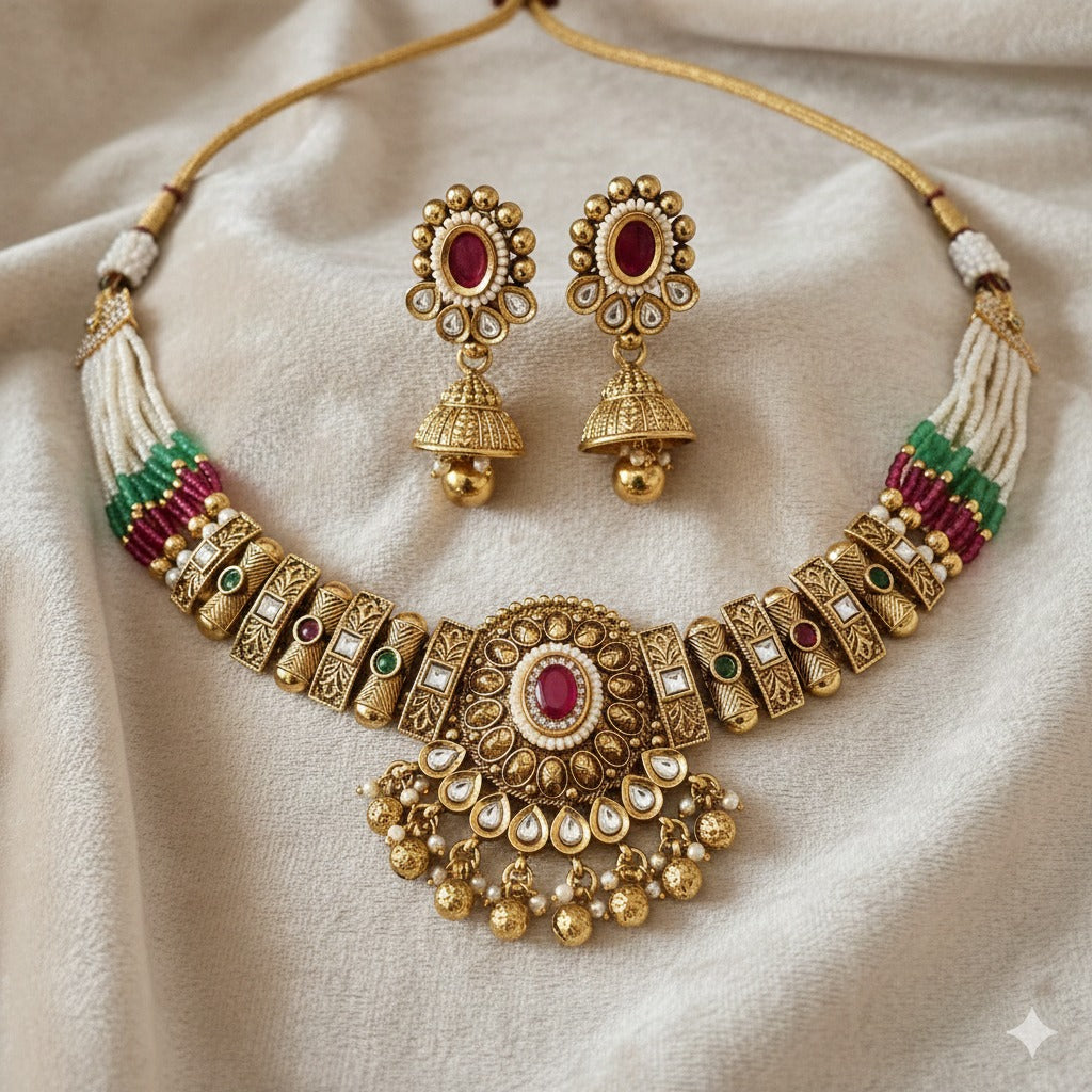 Antique Gold Temple Choker Necklace with Ruby Emerald & Pearl Accents